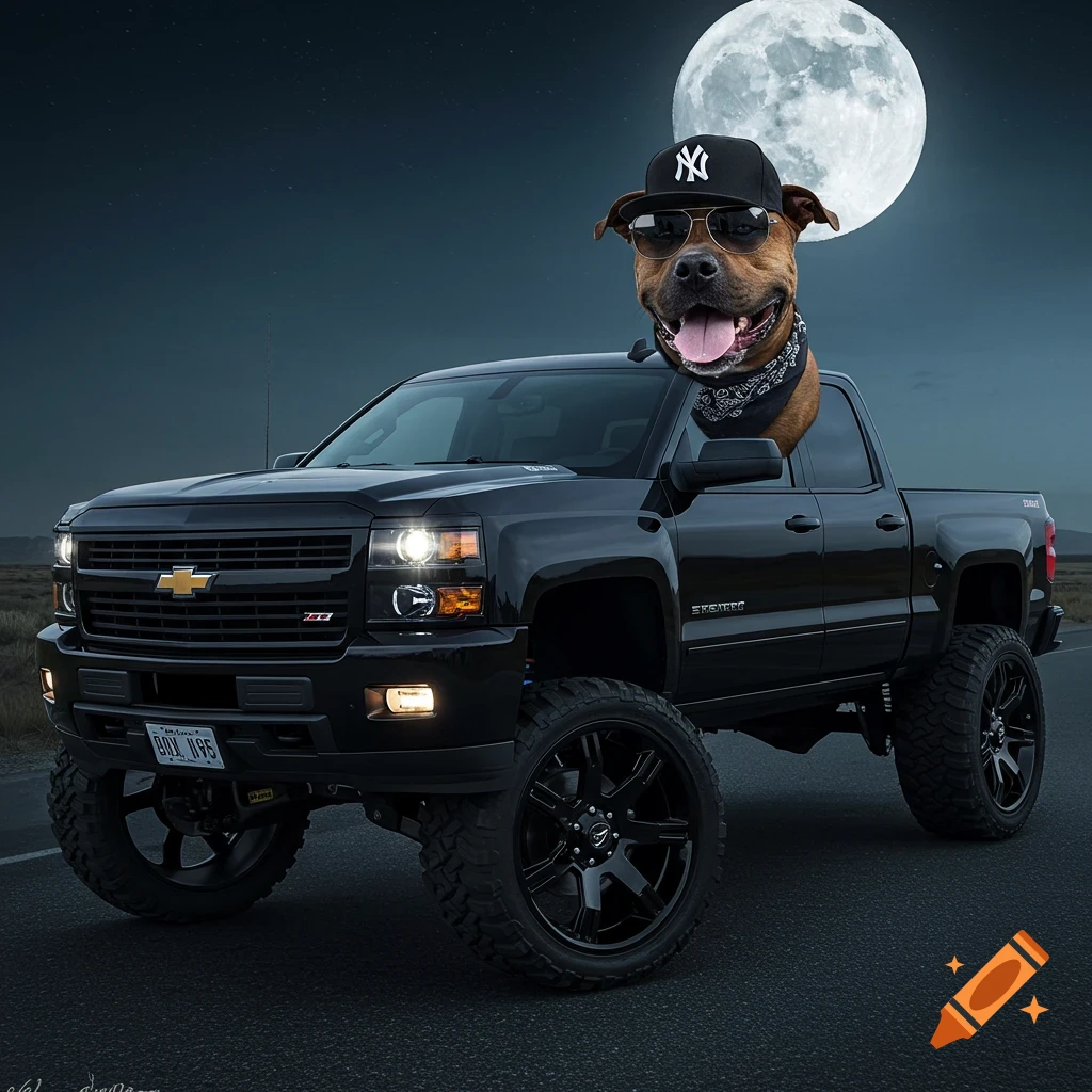 A pitbull/bullmastiff wearing a baseball cap and sunglasses sits in a black pickup truck at night under a full moon.