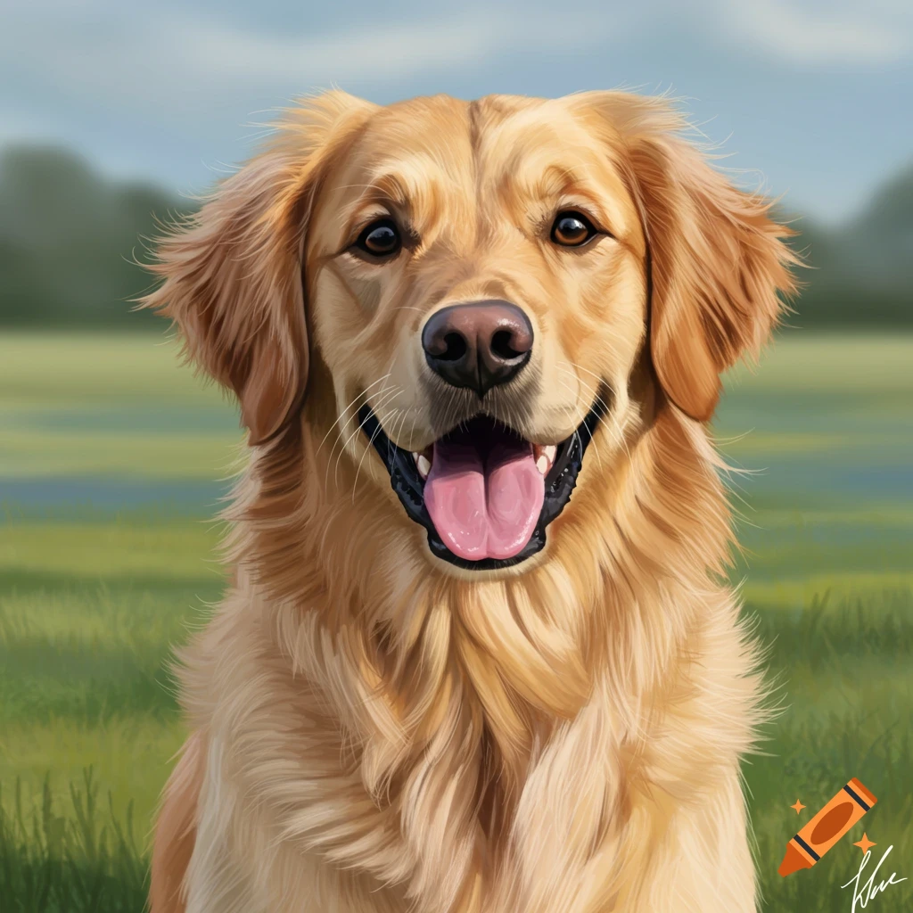 Portrait of a happy Golden Retriever dog in a grassy field