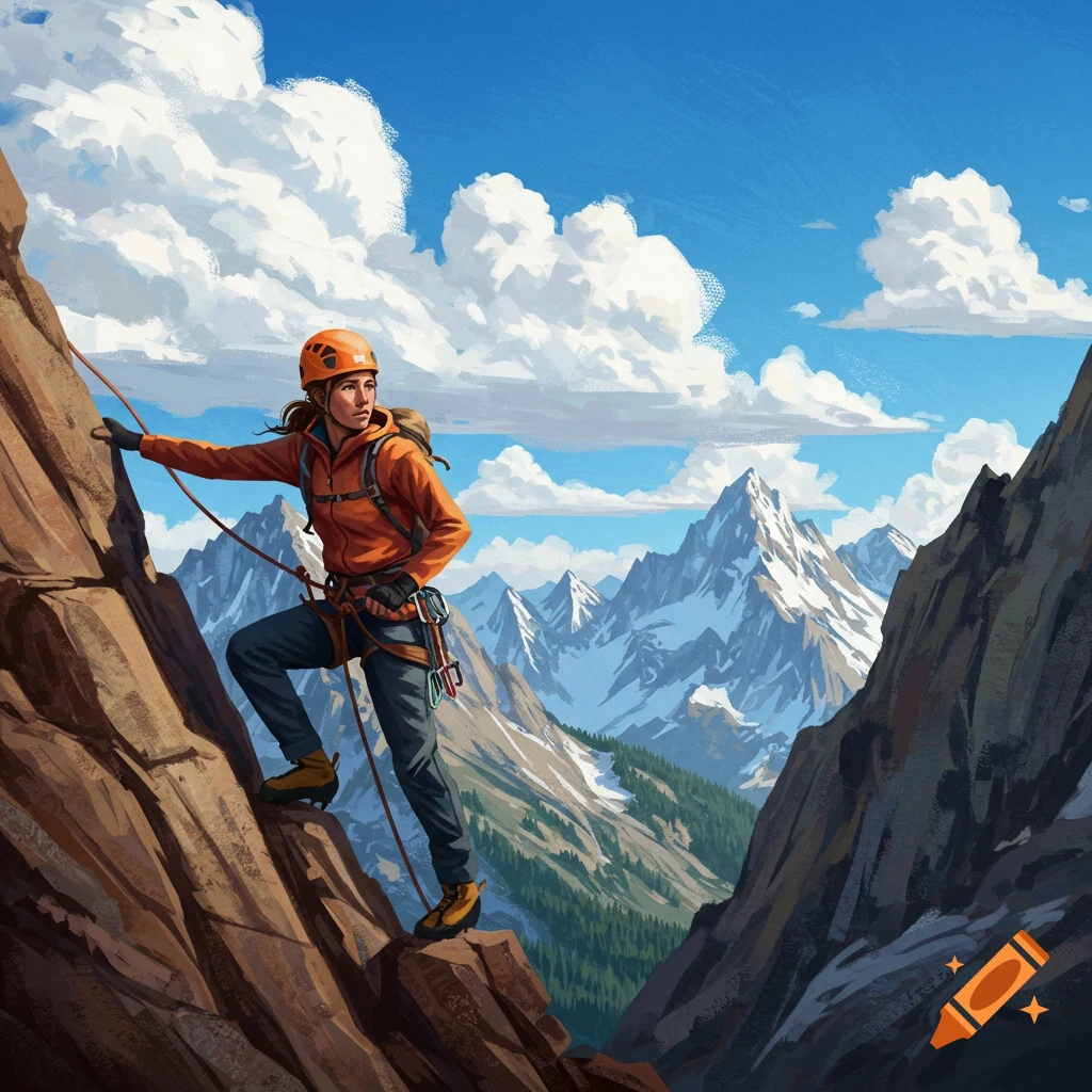 A woman in climbing gear ascends a mountain face with ropes, looking out at a vast mountain range under a blue sky with clouds, in a painterly style.