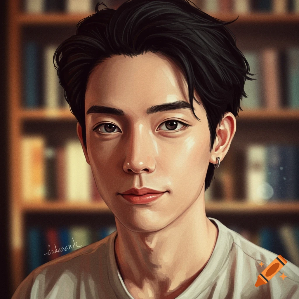 Digital illustration of a young man with dark hair and brown eyes in front of a blurred bookshelf.