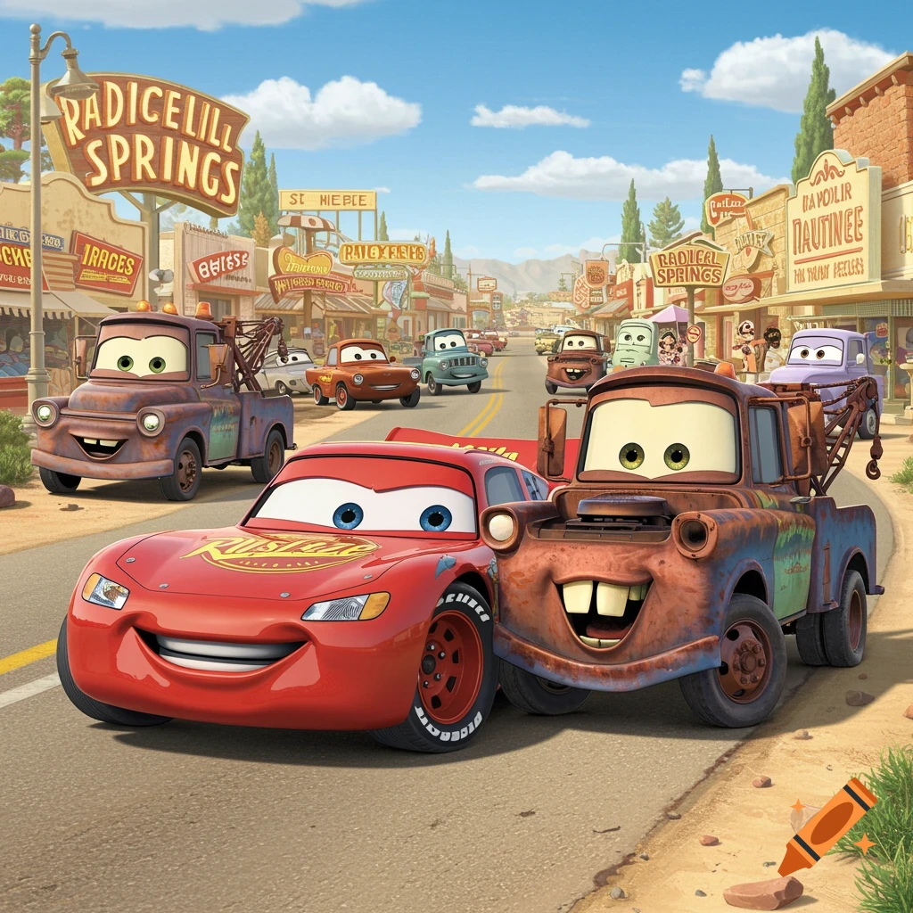 Lightning McQueen and Mater from Disney Cars stand on a road in a desert town