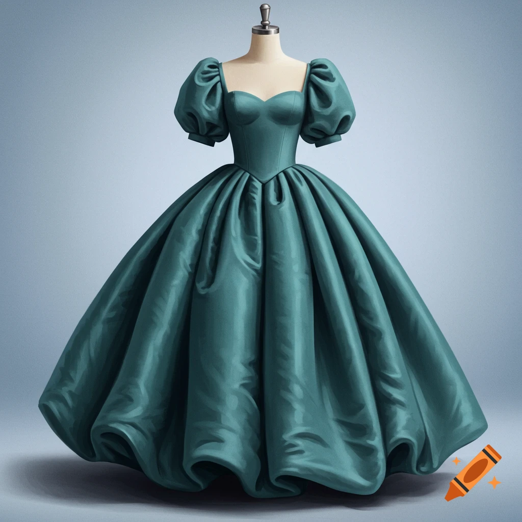 An elegant teal ballgown with puff sleeves on a mannequin.