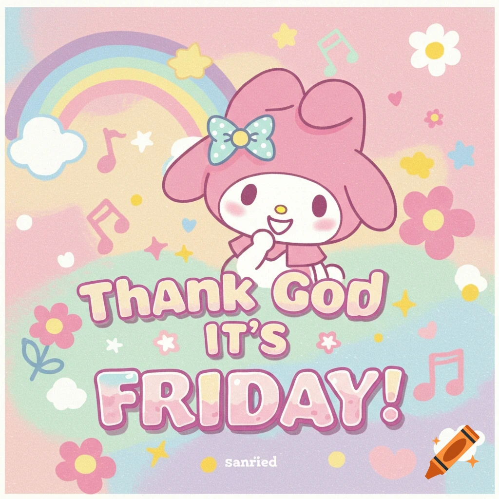 Pastel illustration of Sanrio character My Melody with text 'Thank God It's Friday!'