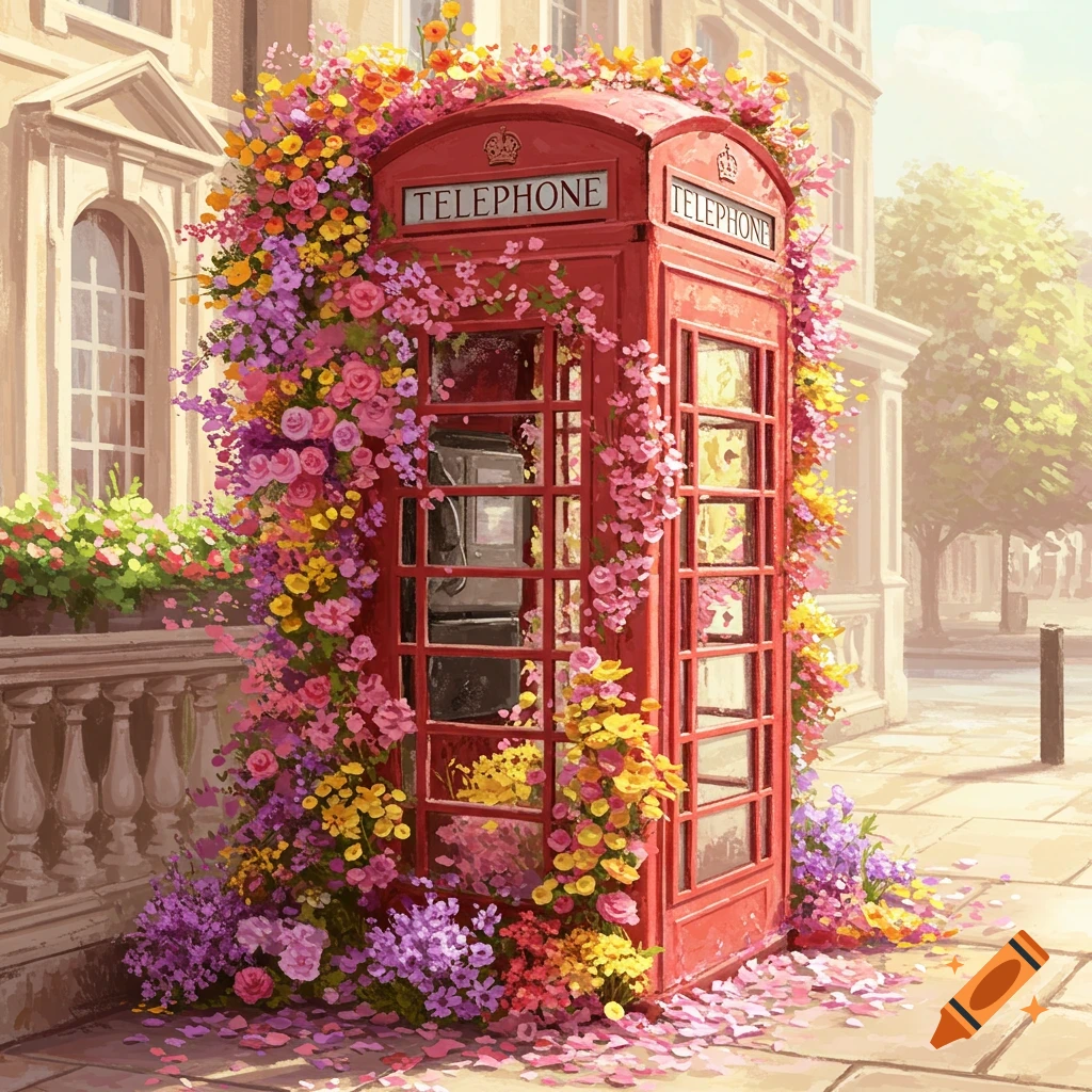 Red London phone booth covered in vibrant flowers in a painted style.