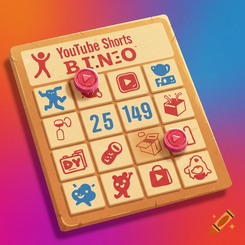 YouTube Shorts themed bingo board with colorful icons and markers.