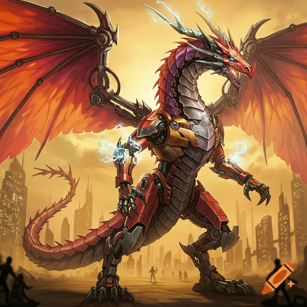 A large red and silver mechanical dragon stands in a city emitting electricity.