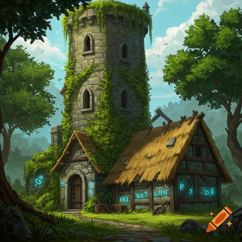 An overgrown stone wizard tower and thatched-roof house in a forest clearing with glowing runes.