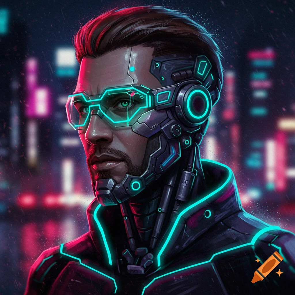 Portrait of a man with cybernetic implants in a neon-lit cyberpunk city during rain.
