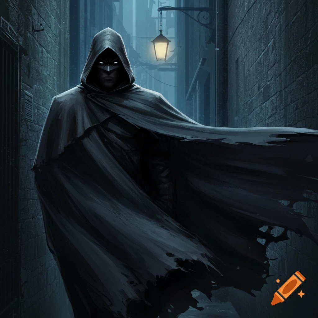 A hooded vigilante stands in a dark, narrow alley, digital art