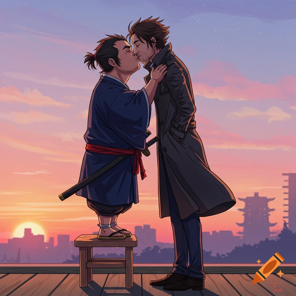 Illustration of a short samurai on a stool kissing a taller man in a trench coat against a sunset city skyline.