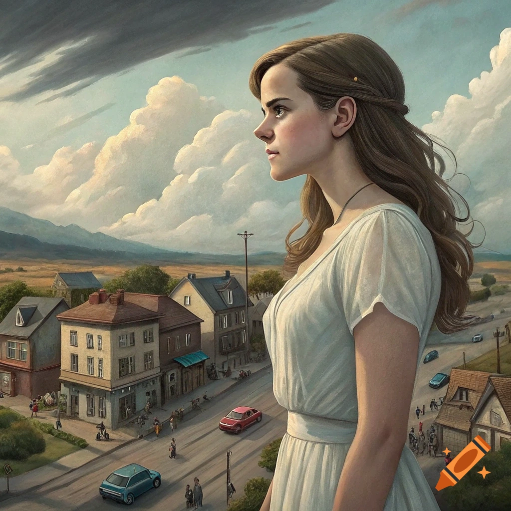 A giant woman in a white dress looks over a small town and landscape from above. Painterly style.