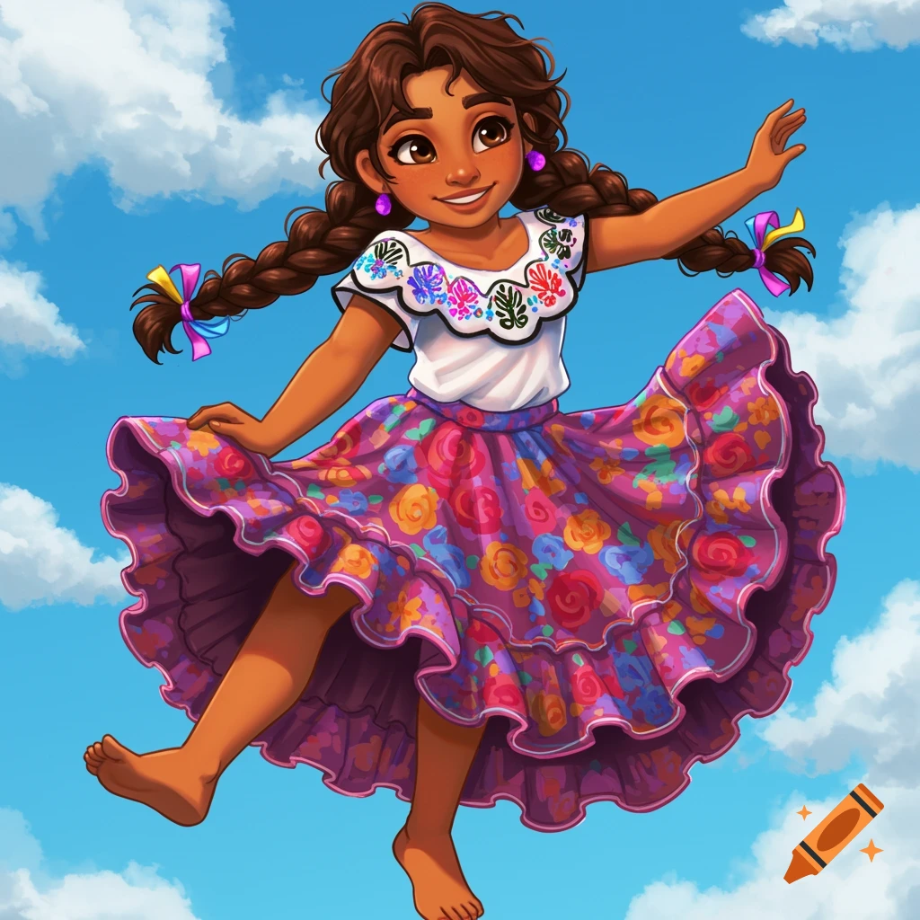 Smiling cartoon girl with braided hair and traditional Mexican clothing floating in a cloudy sky.
