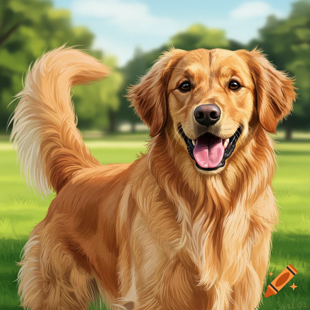 A smiling Golden Retriever dog in a park, digital illustration style