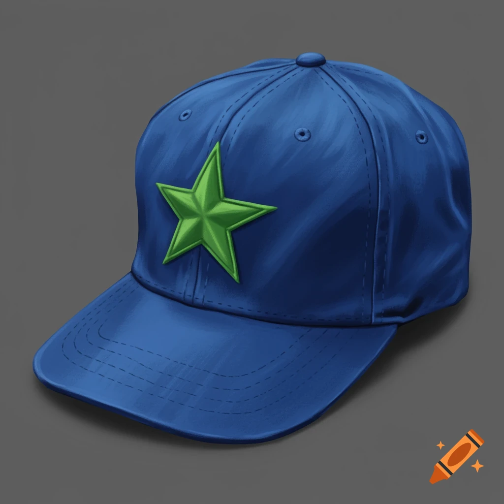 A blue baseball cap with a green star on the front