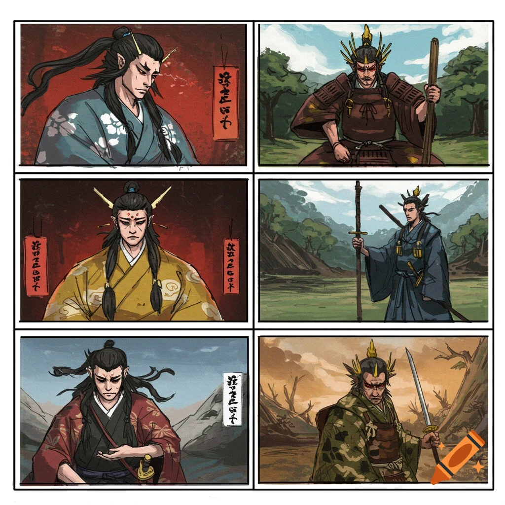 Six-panel illustrated storyboard of a Japanese mythological figure in various poses and settings.