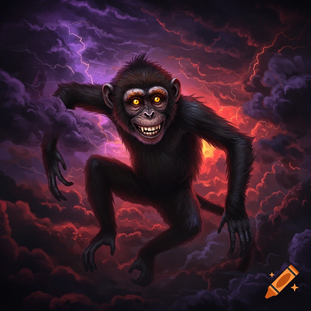 A creepy monkey with glowing eyes floats in a dark, stormy sky with lightning.