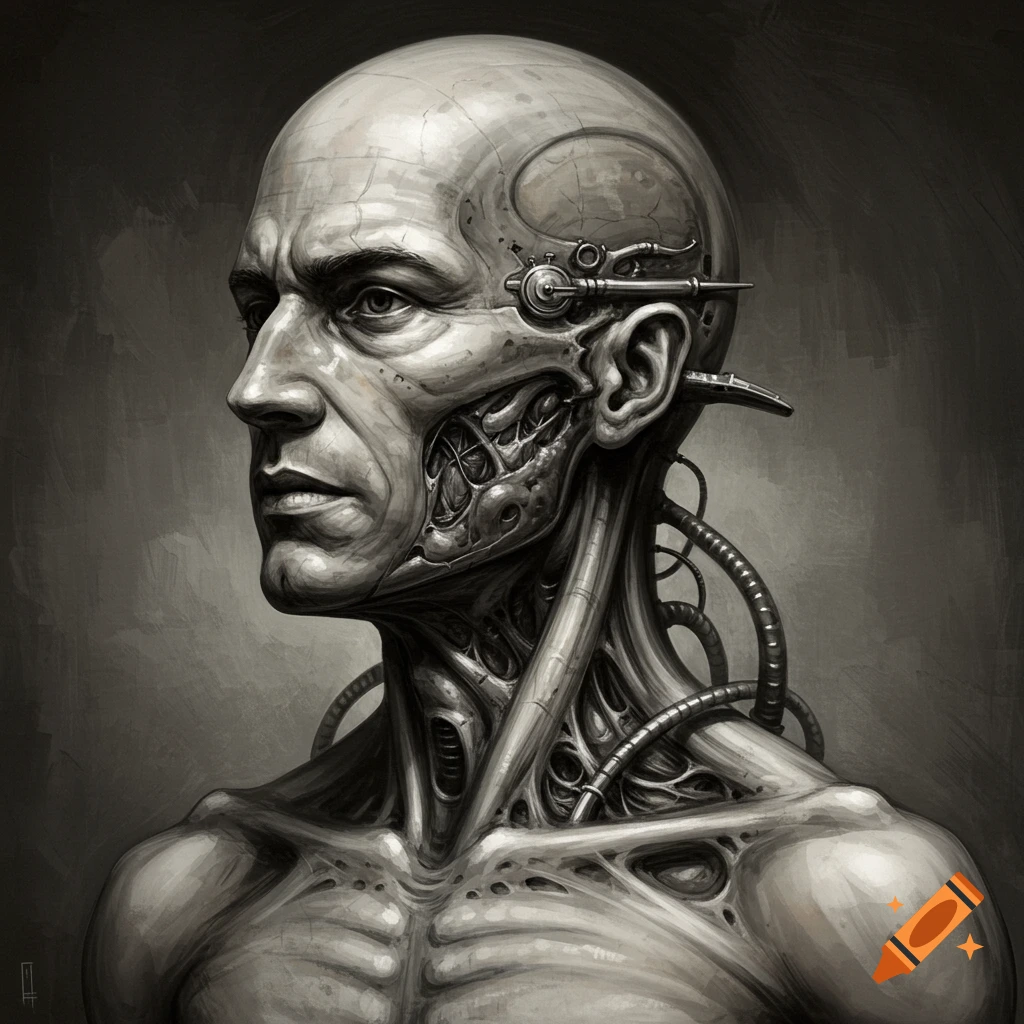 Dark, detailed black and white portrait of a bald man with visible biomechanical implants, Giger-esque style.