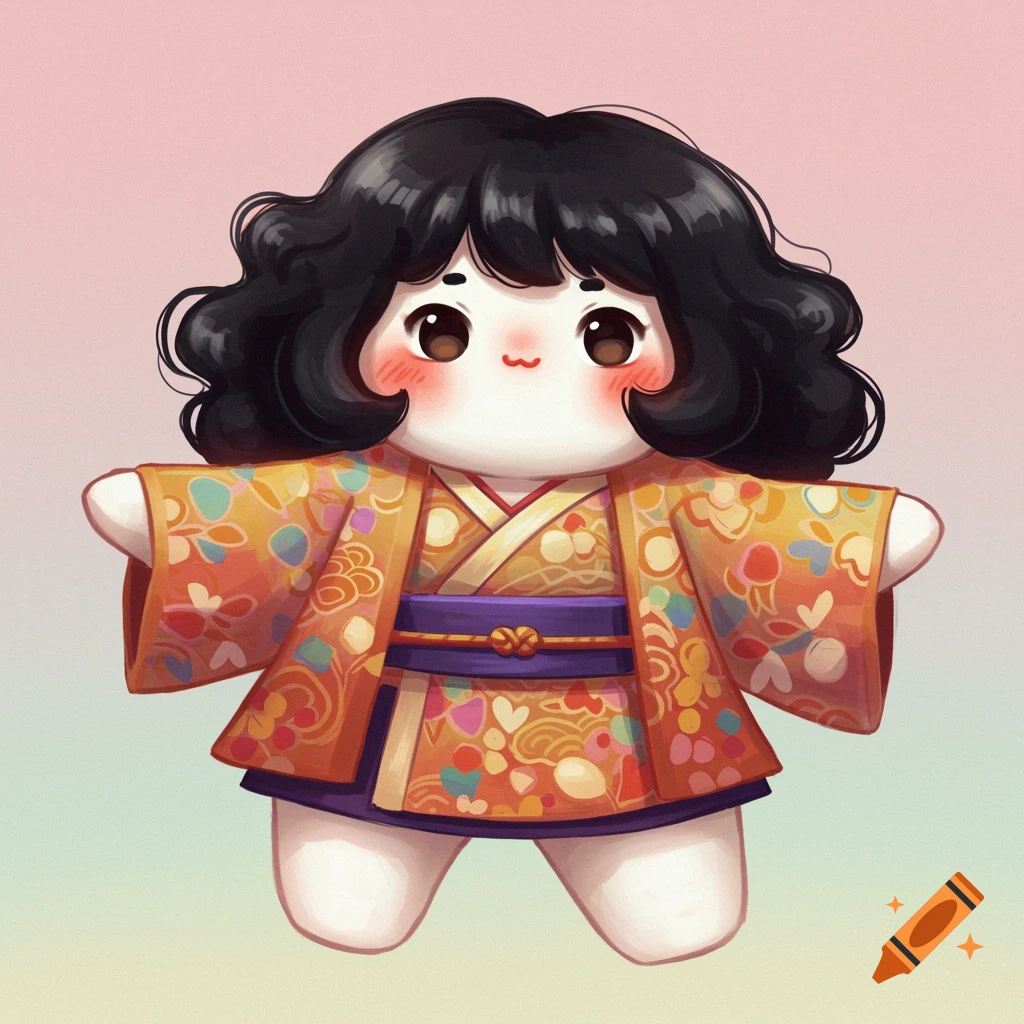 Cute stylized doll in orange and purple kimono