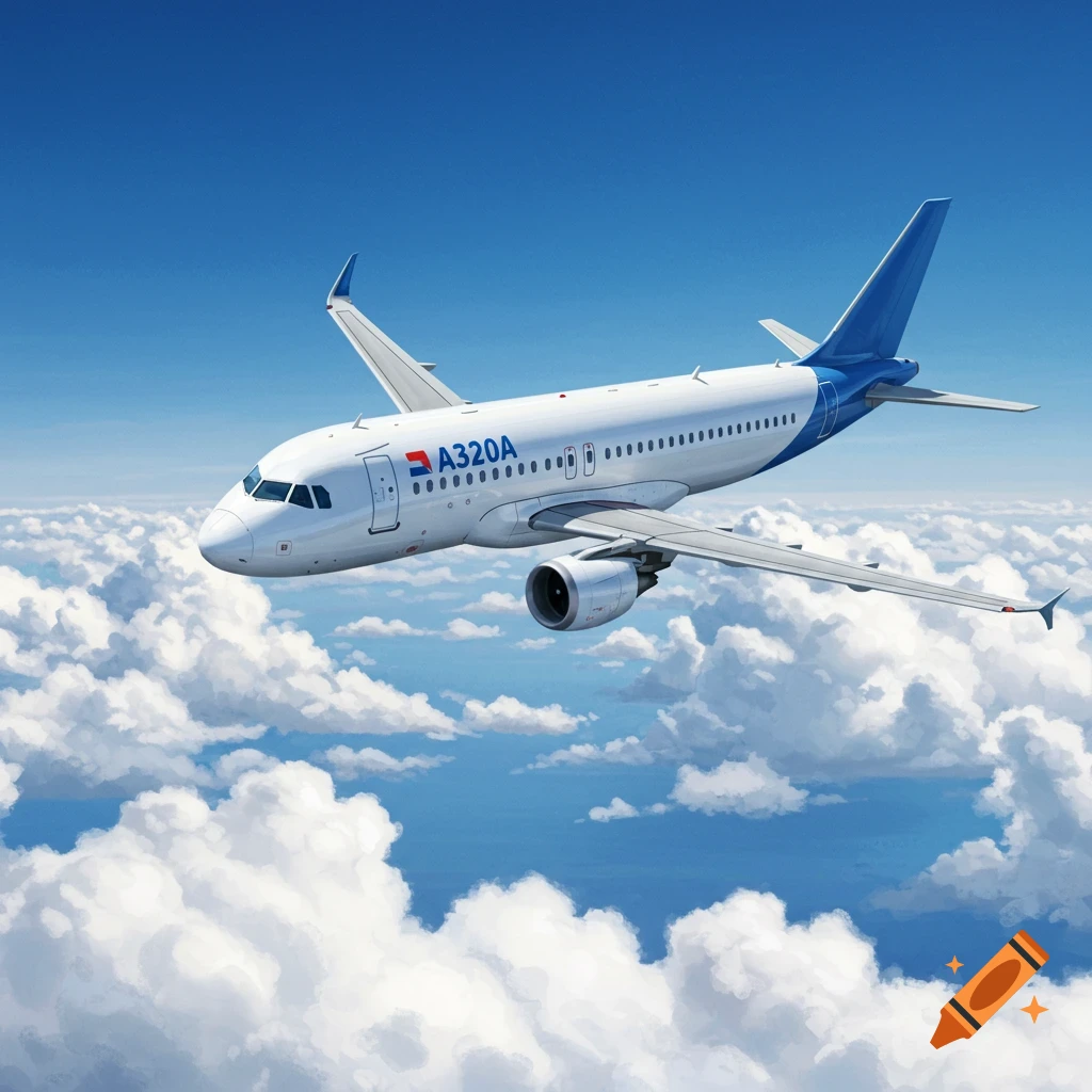 An airplane flies through a cloudy blue sky.