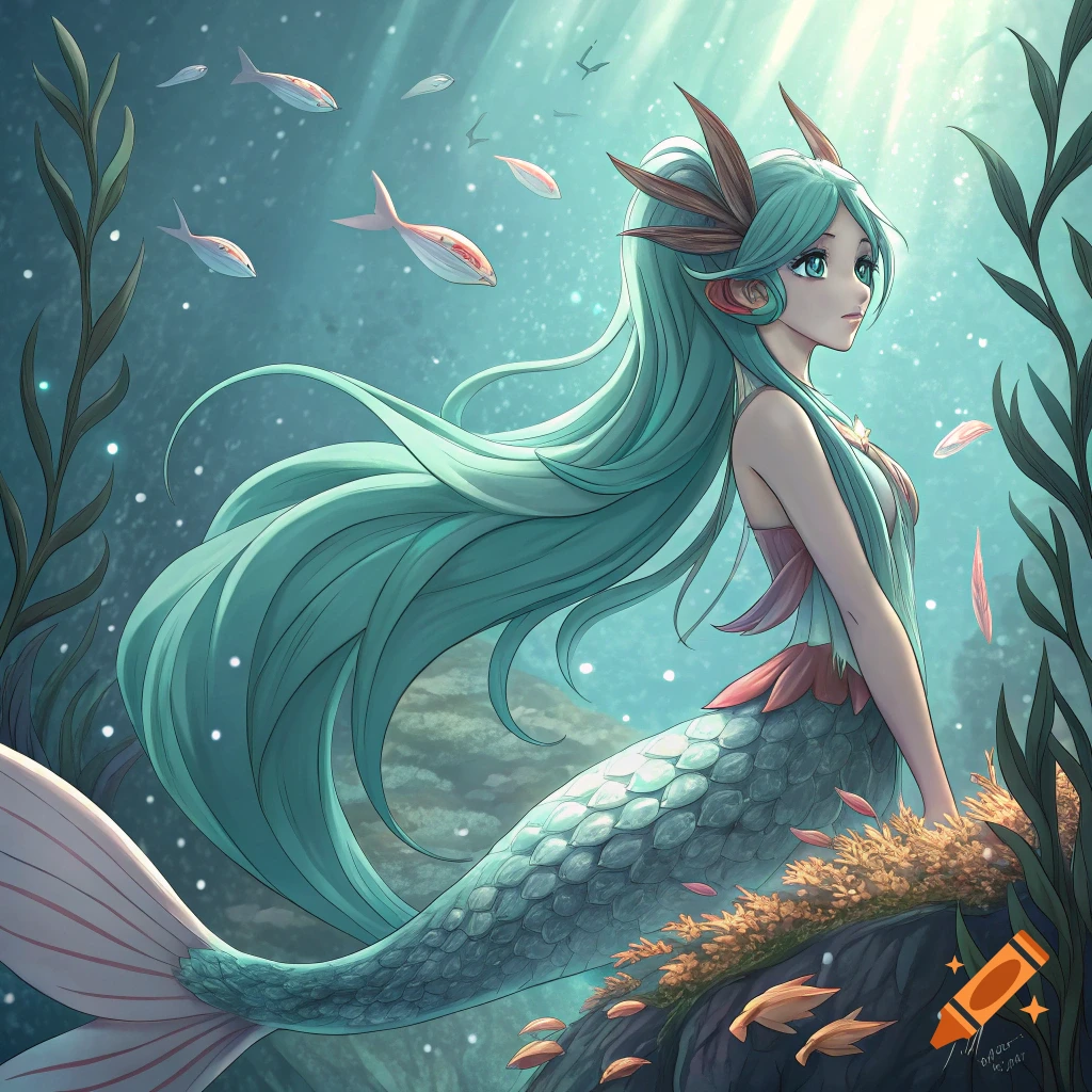 Anime mermaid with long teal hair underwater with fish
