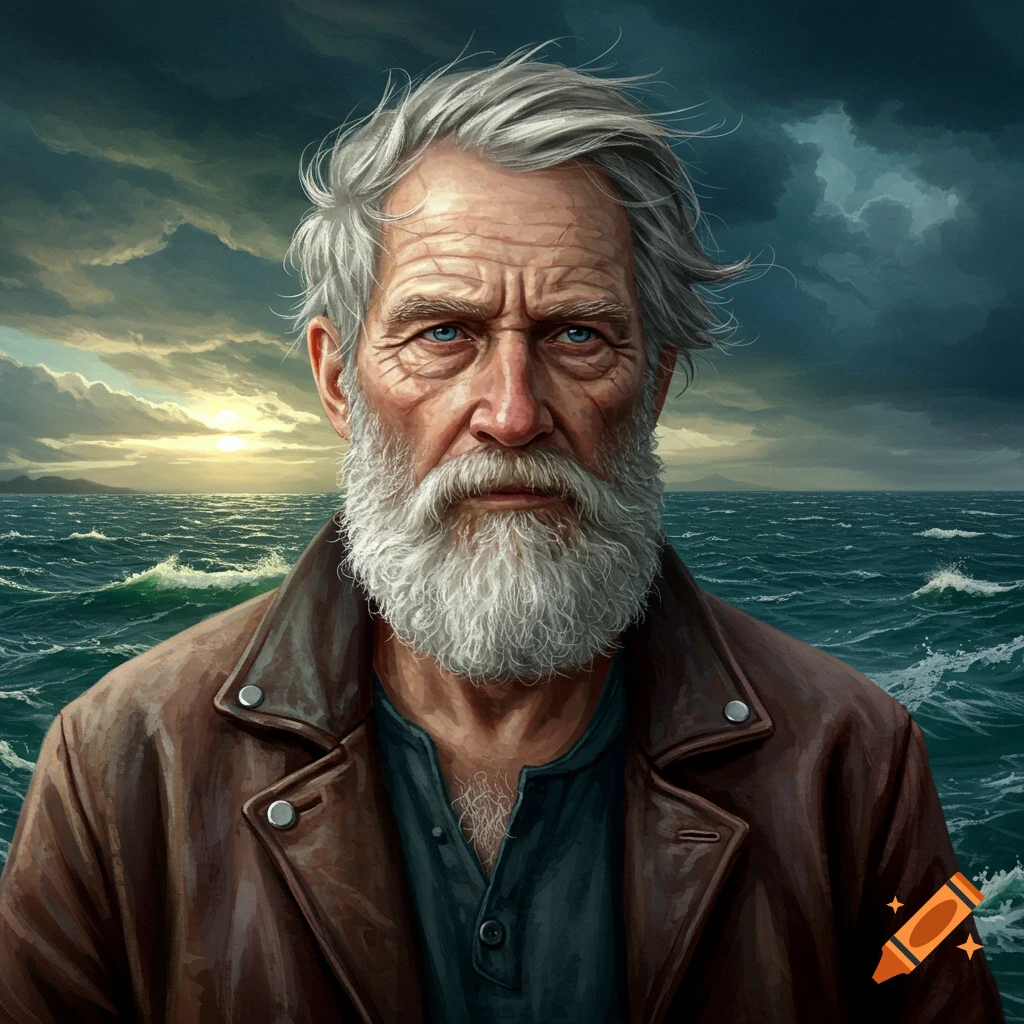 Portrait of an old man with a white beard and grey hair, wearing a leather jacket, against a stormy sea and sunset sky.