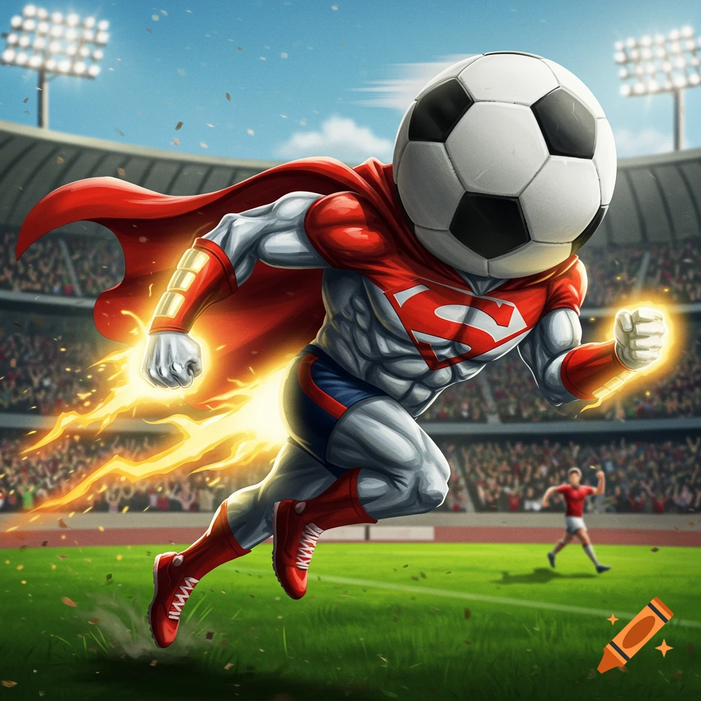 A soccer ball-headed superhero in a red cape runs through a packed stadium.