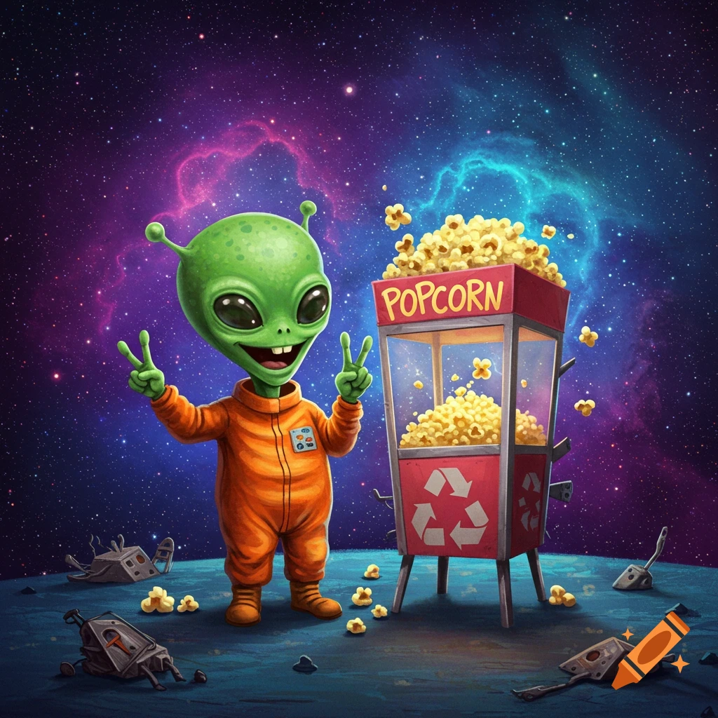 Cartoon alien giving peace signs next to a popcorn machine in space.