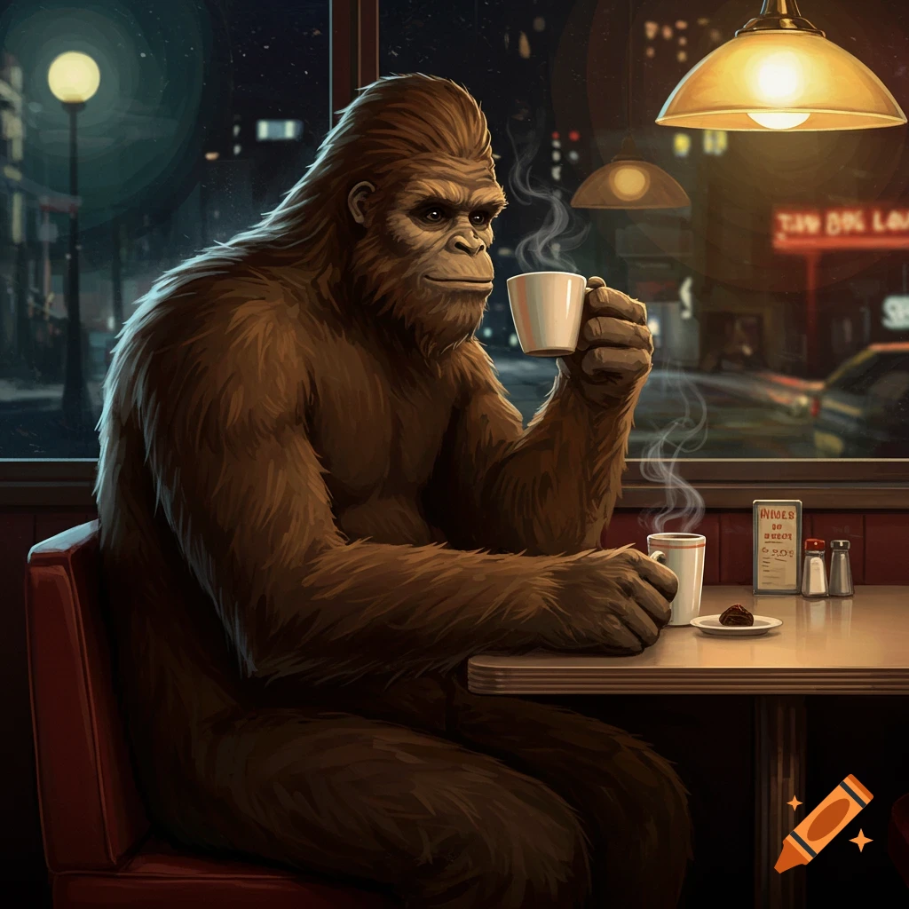 A Bigfoot creature sits at a diner table, holding a coffee cup.