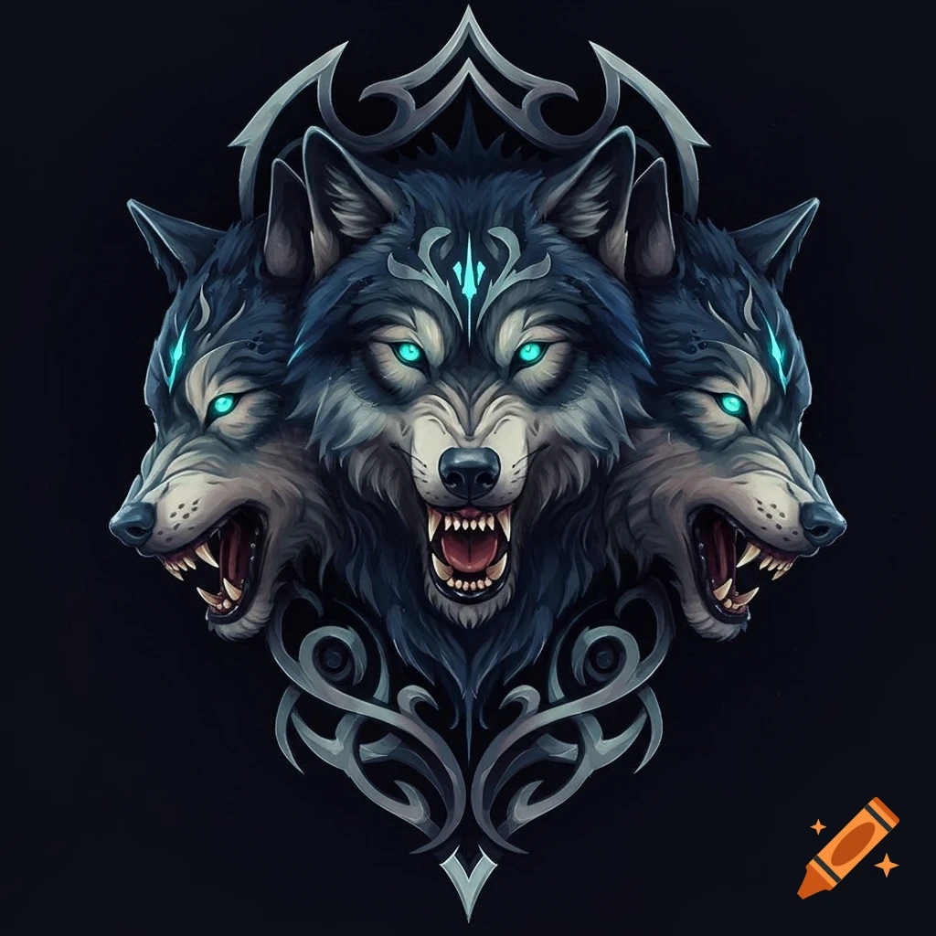 Stylized three-headed wolf graphic with glowing blue eyes, like a tattoo design.