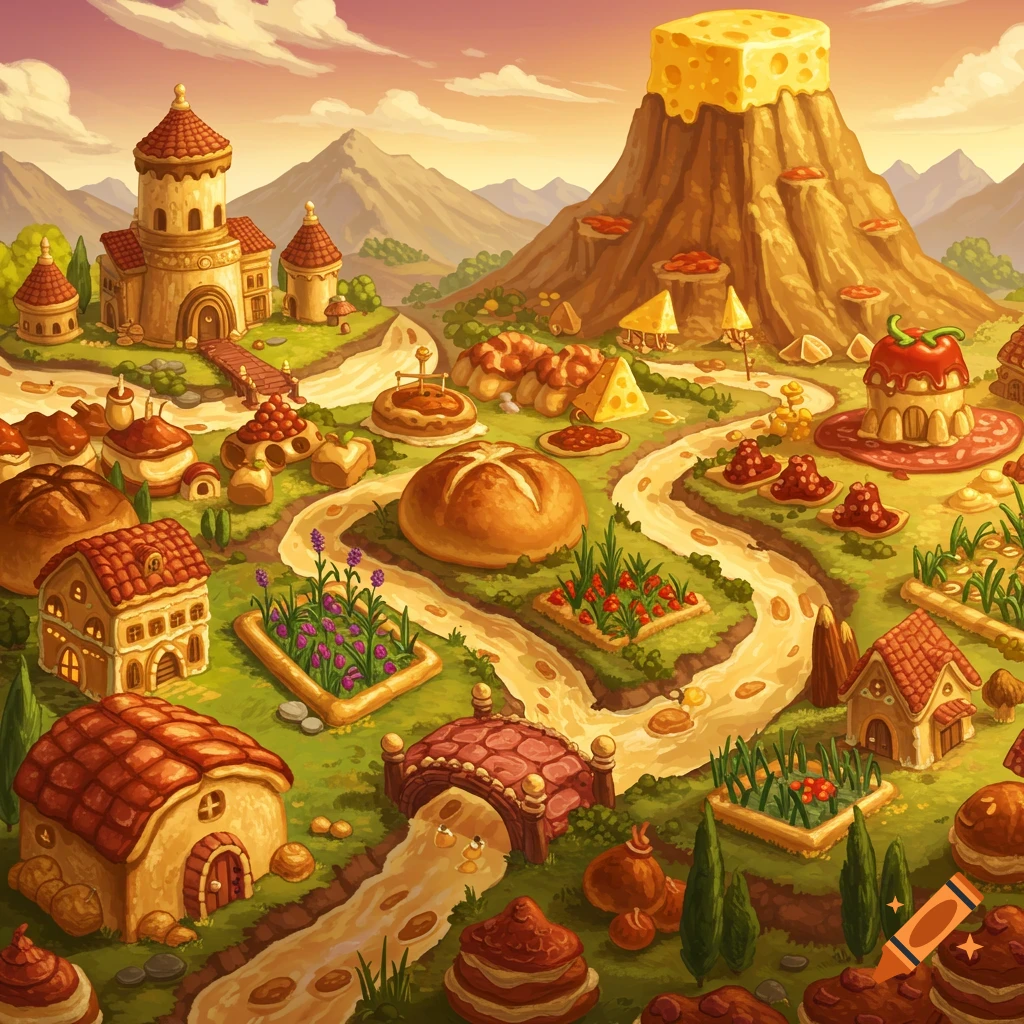 Top-down illustration of a fantasy kingdom made of savory foods, featuring bread houses, a cheese mountain, and food crops.