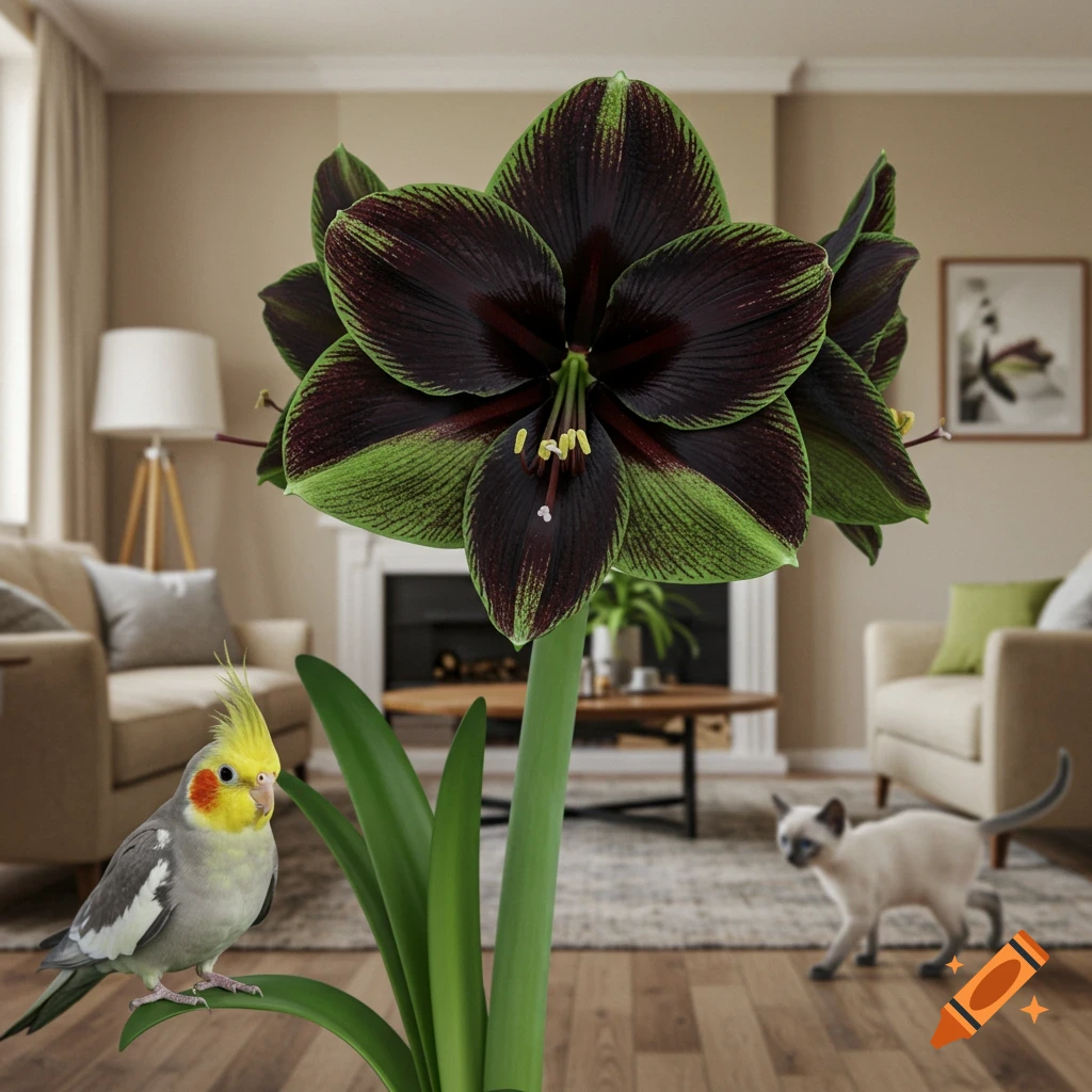 Realistic photo of a black amaryllis with green stripes, a cockatiel, and a Siamese kitten in a living room.