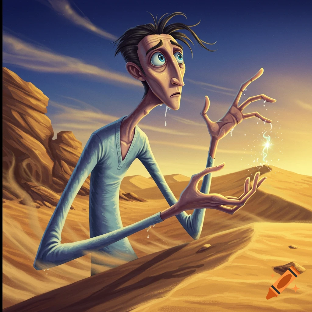 Cartoon man in a desert holding sparkling water during sunset.