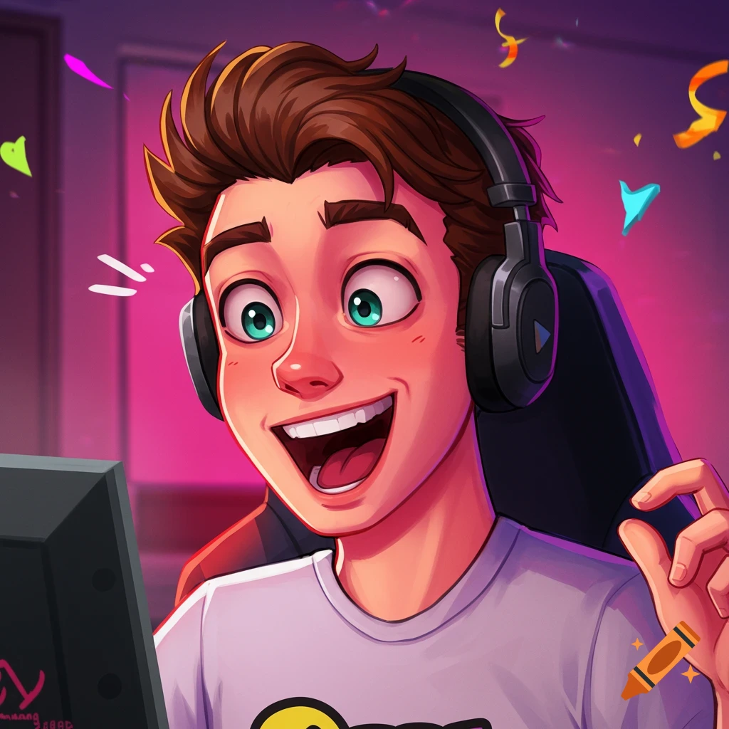 Illustration of an excited young person gaming at a computer.