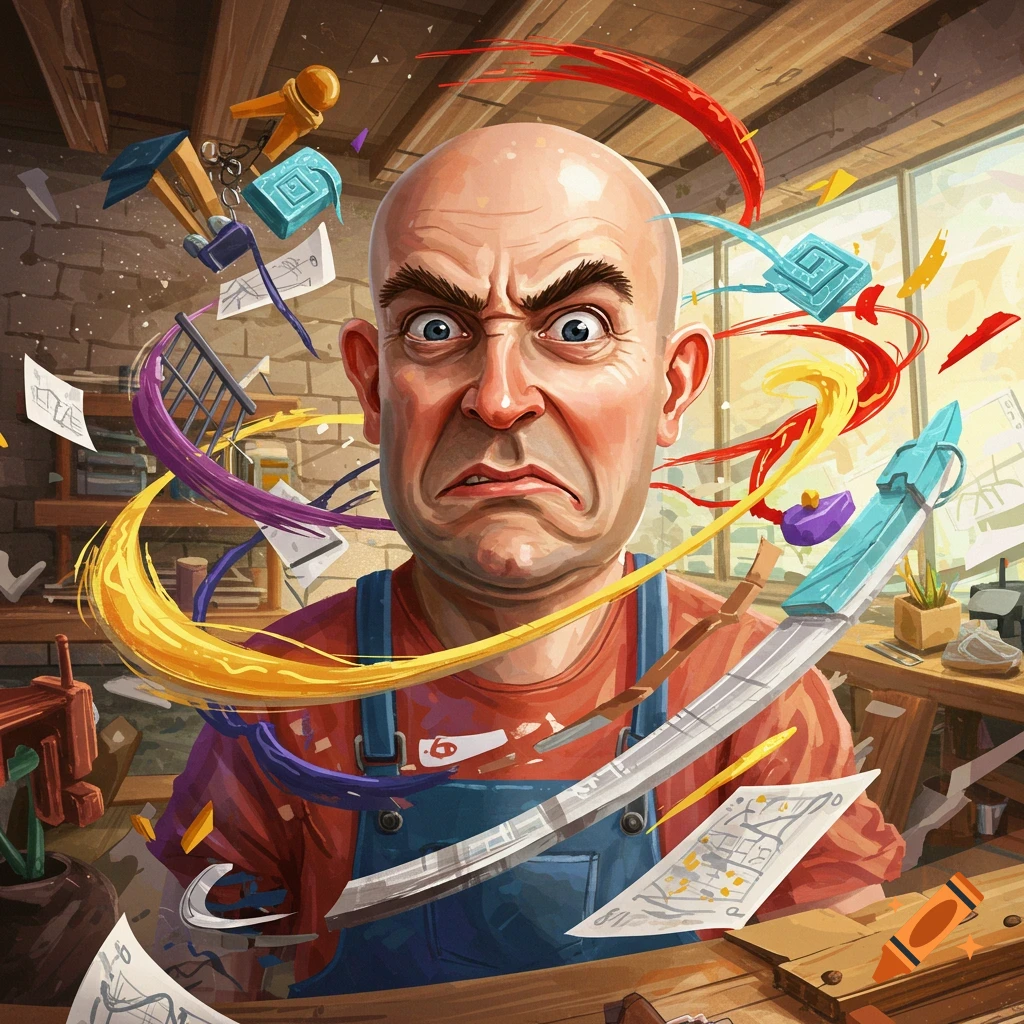 Illustration of a bald man in a workshop with an angry expression, surrounded by swirling lines and objects.