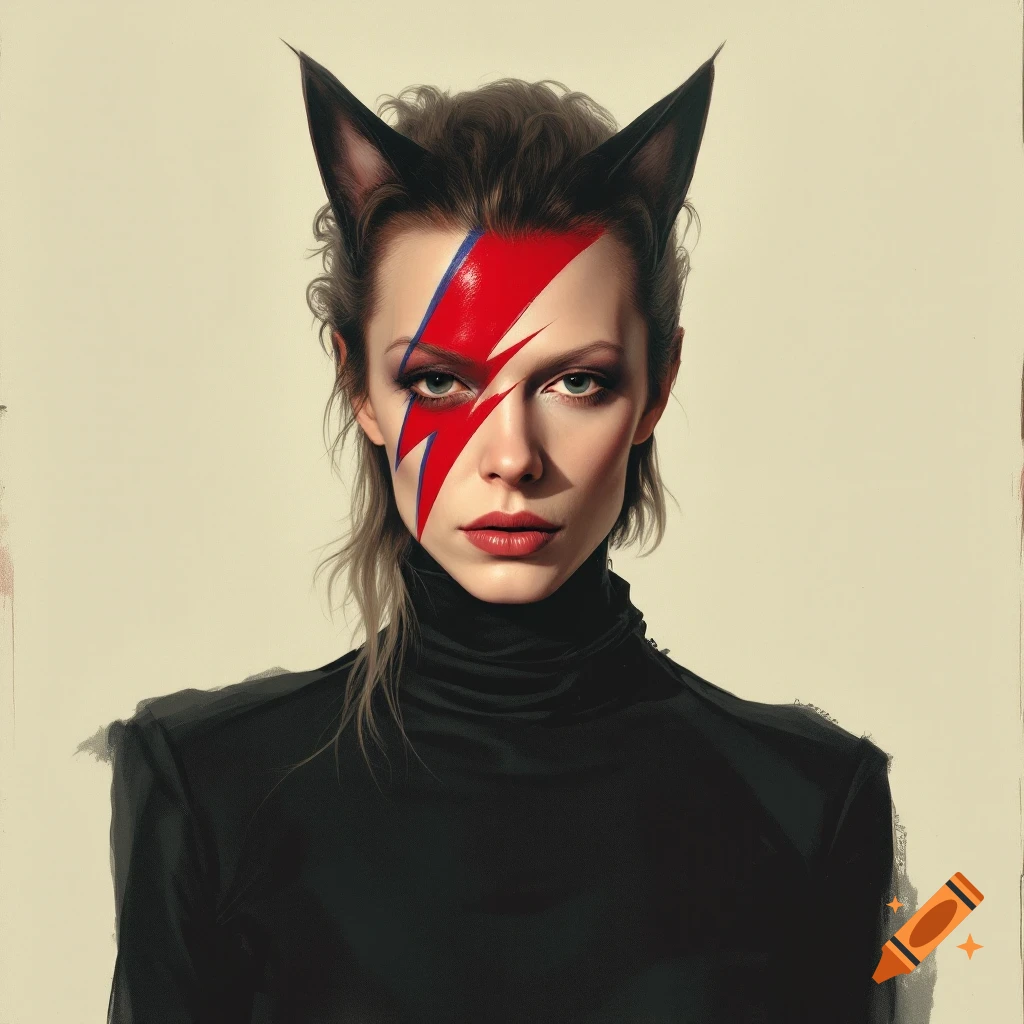 Portrait of a person with lightning bolt face makeup and cat ears, wearing a black turtleneck.
