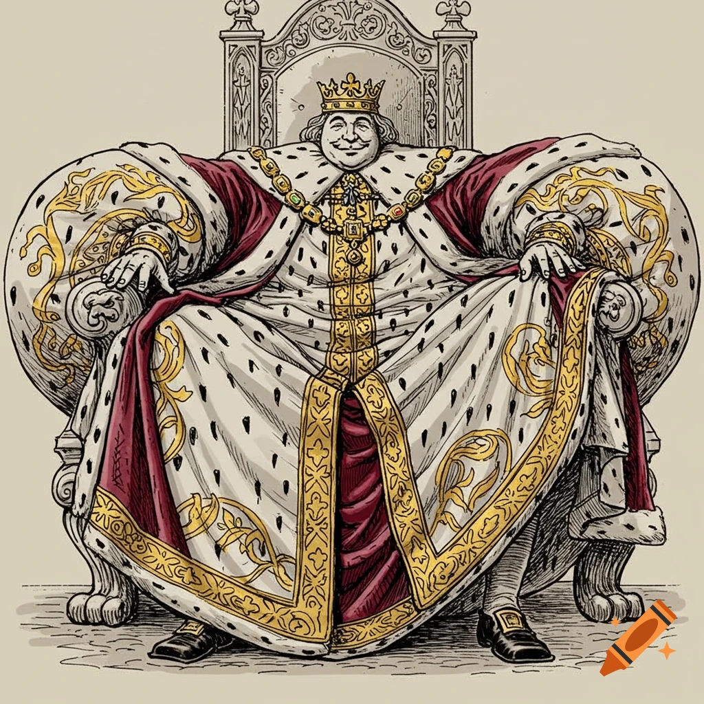 Illustration of a king with giant robes sitting on a throne.