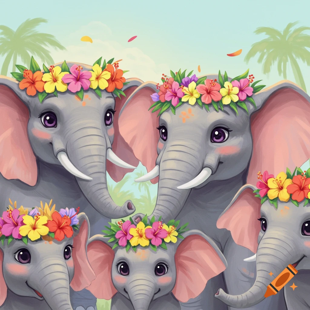 Cute cartoon elephants wearing flower crowns in a tropical setting.