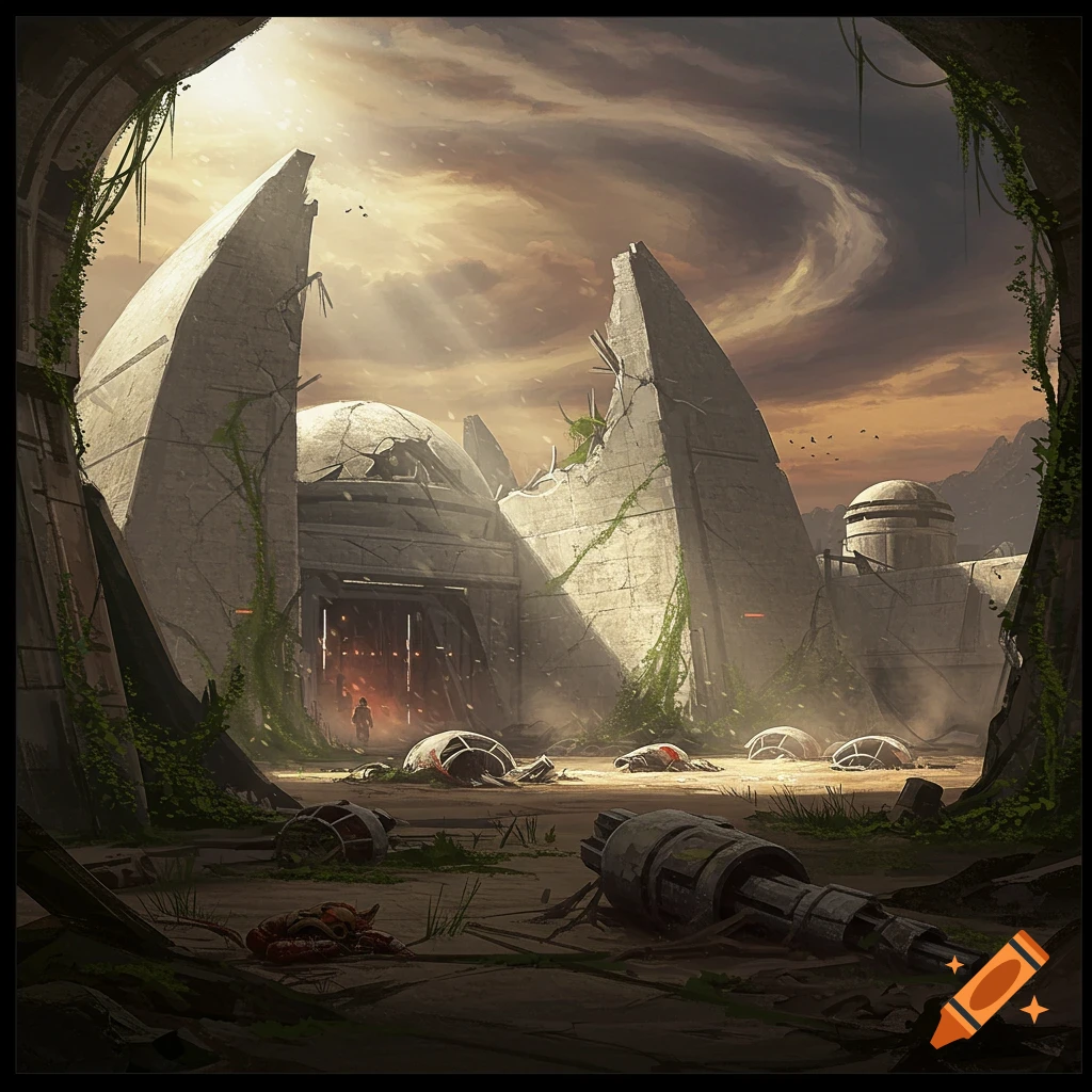 A ruined temple with shattered stone and scattered debris under a dramatic sky. A lone figure stands at the entrance.