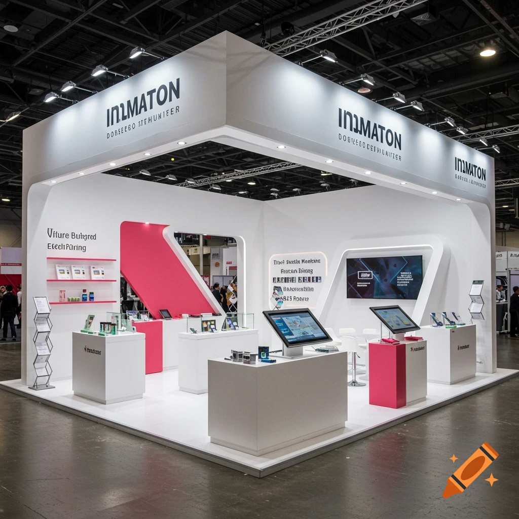 A white and pink trade show booth with screens and product displays.