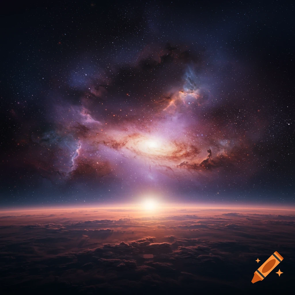 A vibrant galaxy and starry sky above clouds during a sunrise over a planet.