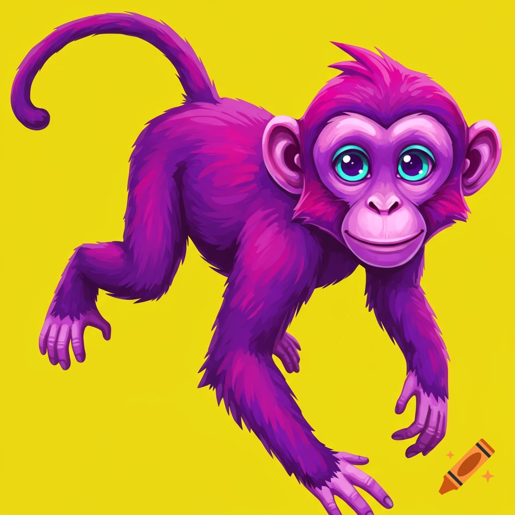 Stylized purple monkey on a yellow background.