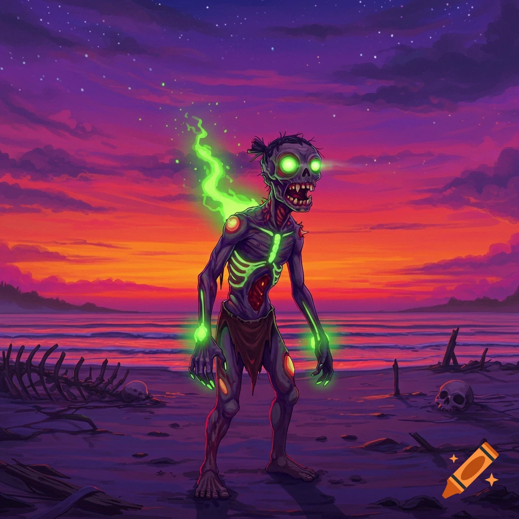 A stylized zombie with glowing green eyes and aura stands on a beach with bones at sunset, illustration style.