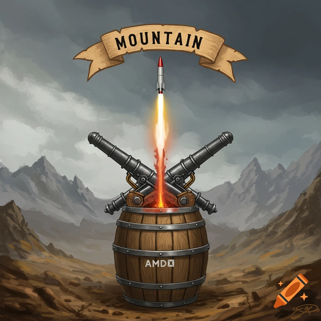 Illustration of a rocket launching from crossed cannons on an AMD barrel in a mountain landscape, with a banner saying MOUNTAIN.