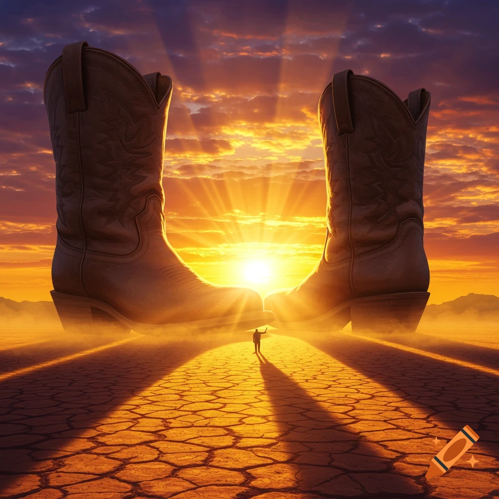 Giant cowboy boots standing in a cracked desert landscape at sunset, a small person between them