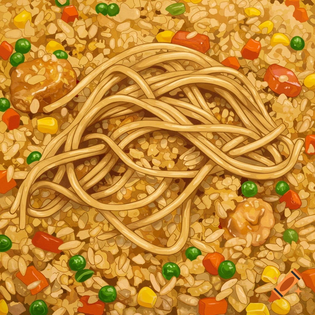 Close-up view of Chinese fried rice mixed with lo-mein noodles, peas, and carrots in an illustrative style.