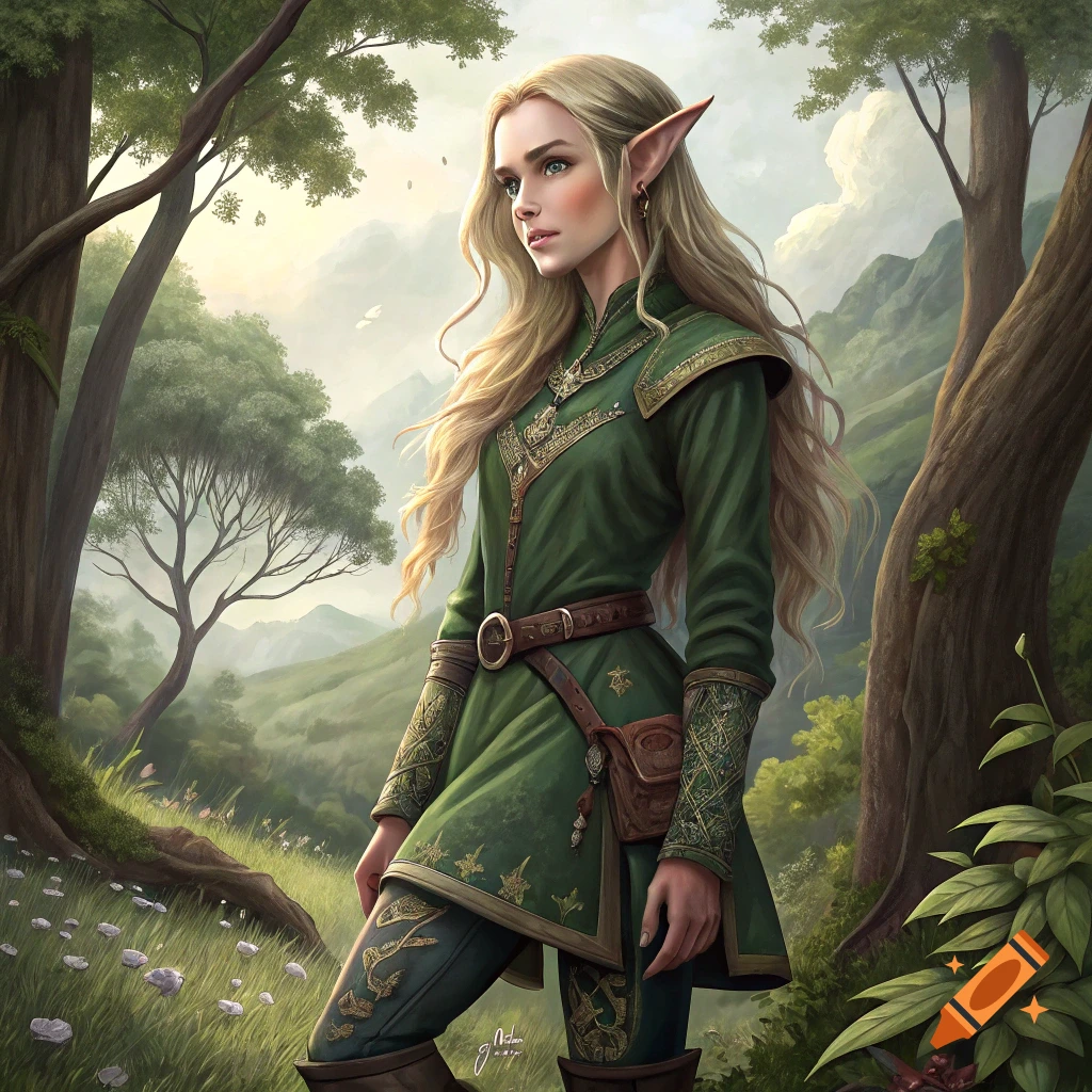 A blonde elf woman in green fantasy clothing stands in a forest clearing.