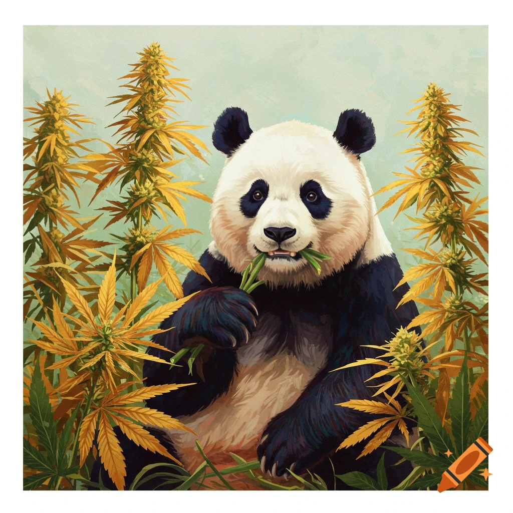 An illustrated panda sits among tall cannabis plants, eating bamboo.