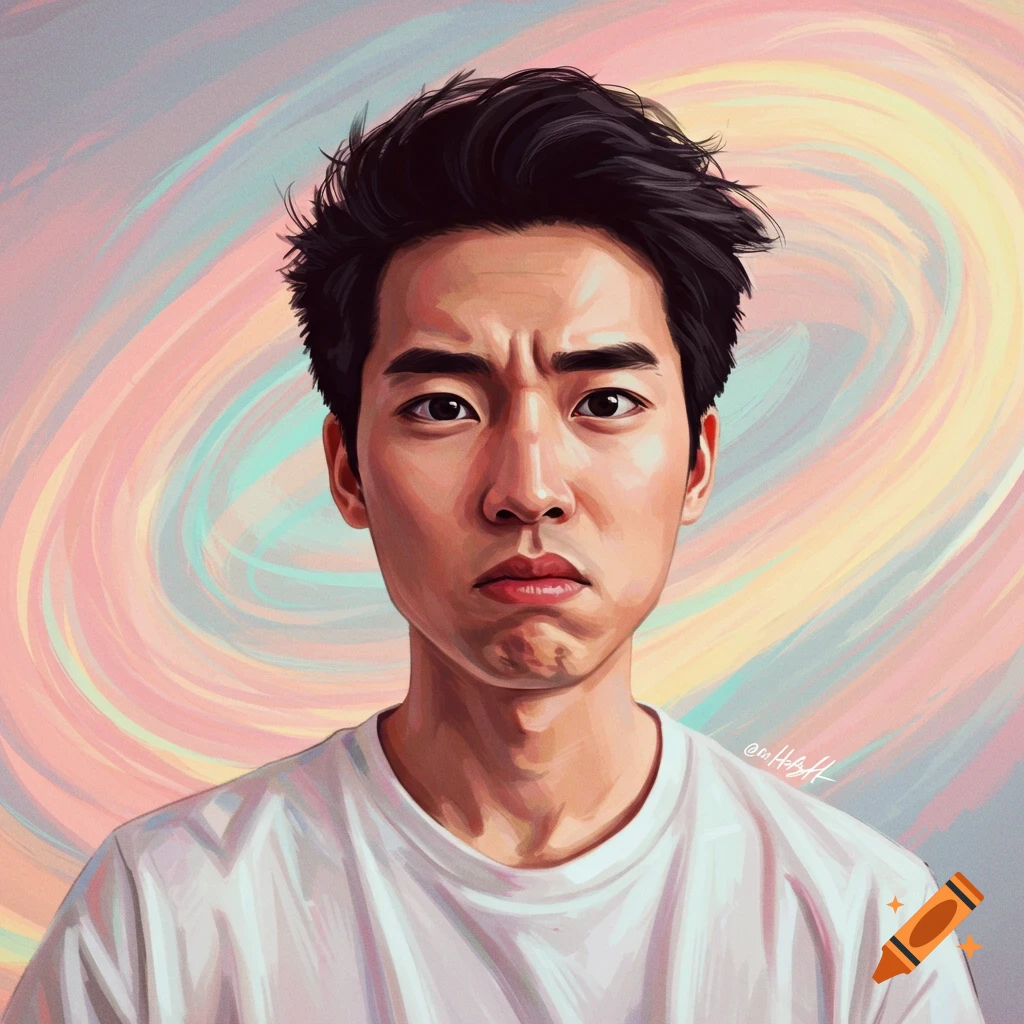 A stylized portrait of a man with a confused expression against a colorful swirling background.