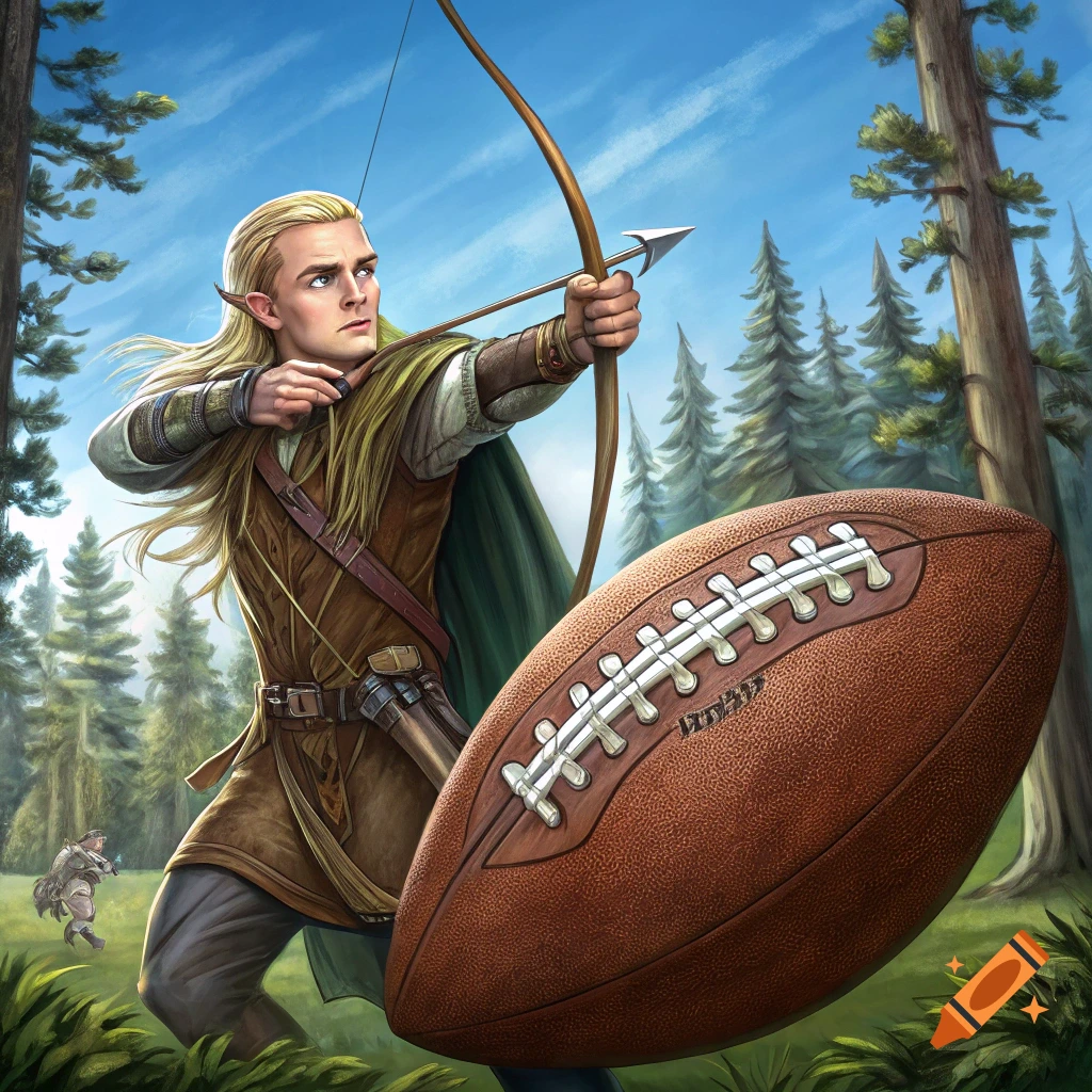 Legolas shooting a large football with a bow and arrow in a forest.