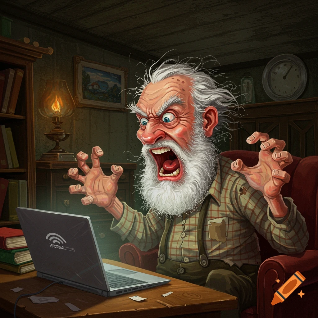 Cartoon illustration of an angry old man screaming at a laptop screen showing 'LOADING'